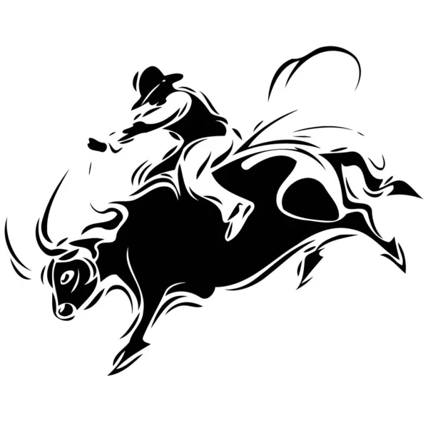 Vaquero Hombre Montar Toro Toro Rodeo Montar Silueta Blanco Negro — Vector de stock
