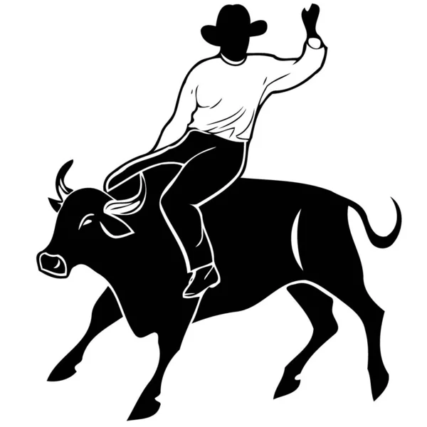 Vaqueiro Homem Montando Touro Touro Rodeio Equitação Preto Branco Silhueta —  Vetores de Stock