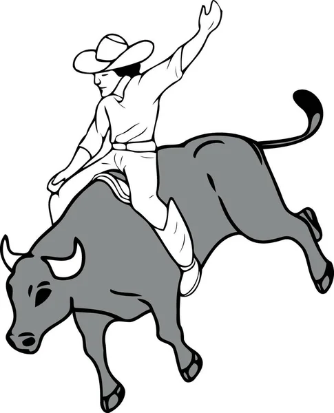Vaqueiro Homem Montando Touro Touro Rodeio Equitação Preto Branco Silhueta —  Vetores de Stock