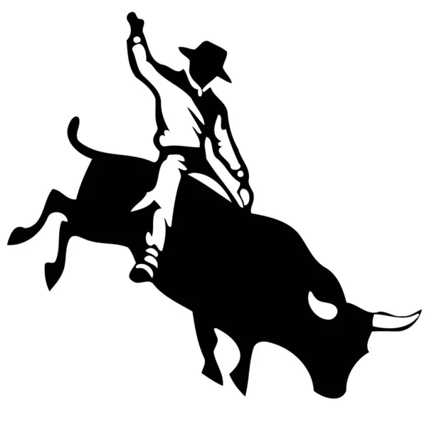 Cowboy Uomo Cavalcando Toro Toro Rodeo Cavalcando Silhouette Bianco Nero — Vettoriale Stock