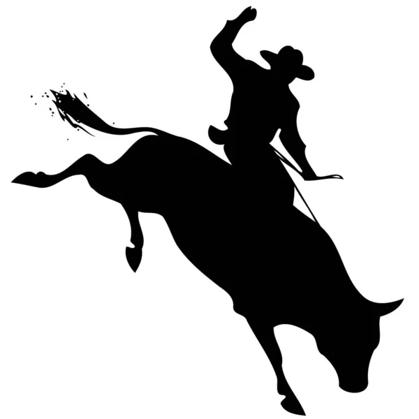 Ковбой Чоловік Верхи Бика Родео Бика Верхи Чорно Білий Силует — стоковий вектор