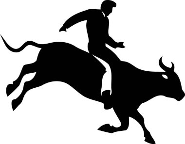Rodeo boğasına binen kovboy adam siyah beyaz siluet minimalist vektör çizimine biniyor.