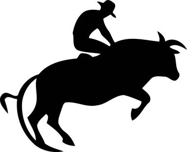 Rodeo boğasına binen kovboy adam siyah beyaz siluet minimalist vektör çizimine biniyor.