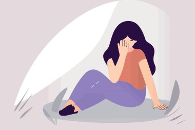 depresif kadın yerde oturup ağlıyor Minimalist vektör çizimi