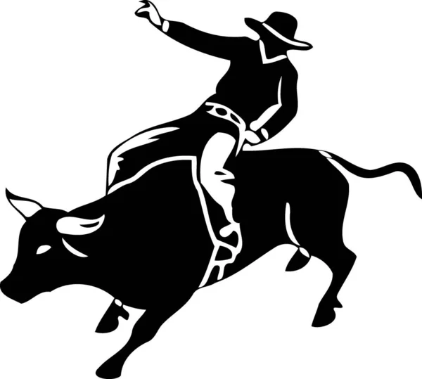 Cowboy Man Riding Bull Rodeo Bull Riding Black White Silhouette — Stock Vector