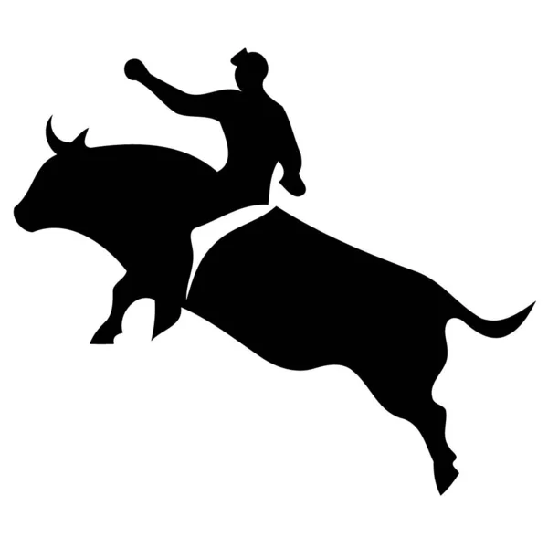 Vaquero Hombre Montar Toro Toro Rodeo Montar Silueta Blanco Negro — Vector de stock