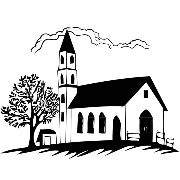 Classique Petite Église Bâtiment Noir Blanc Silhouette Vectorielle Illustration Minimaliste — Image vectorielle