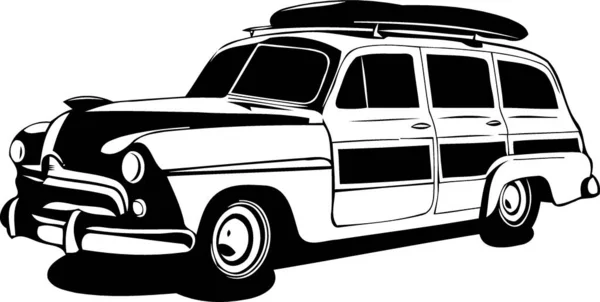 Klassische Woody Car Schwarz Weiß Minimalistischen Vektor Illustration — Stockvektor