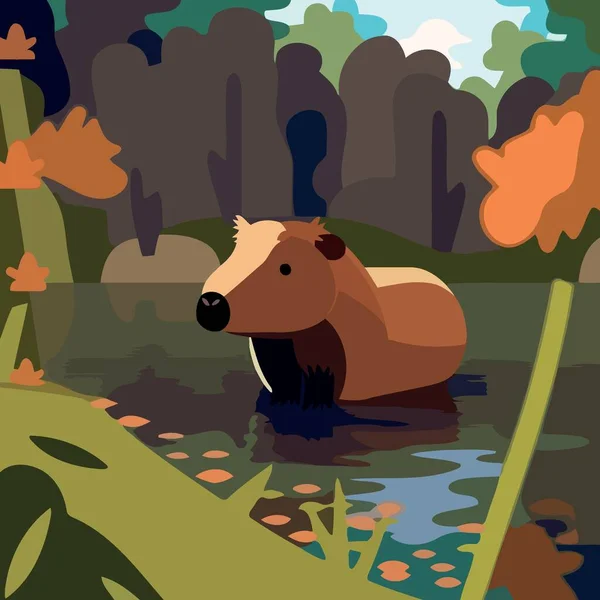 Sudaki Capybara Doğal Manzara Minimalist Vektör Çizimi — Stok Vektör