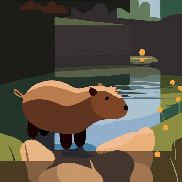 Sudaki Capybara Doğal Manzara Minimalist Vektör Çizimi — Stok Vektör