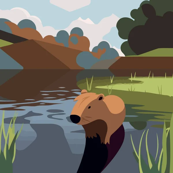 Capybara Dans Eau Décor Naturel Illustration Vectorielle Minimaliste — Image vectorielle
