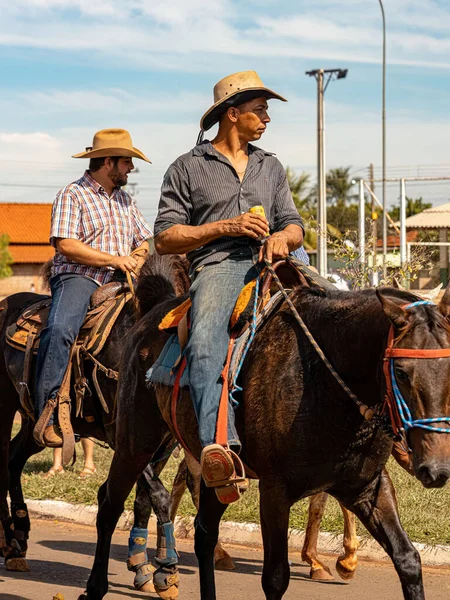 stock image Apore, Goias, Brazil - 05 07 2023: Horseback riding event open to the public on public roads in the Brazilian city of Apore