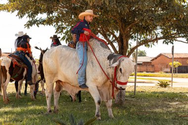 Apore, Goias, Brezilya - 05 07 2023: Brezilya 'nın Apore kentindeki kamu yollarında halka açık at binme etkinliği