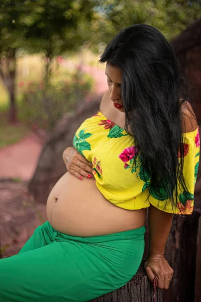 妊娠中の女性は公園で女性の写真撮影でポーズ — ストック写真