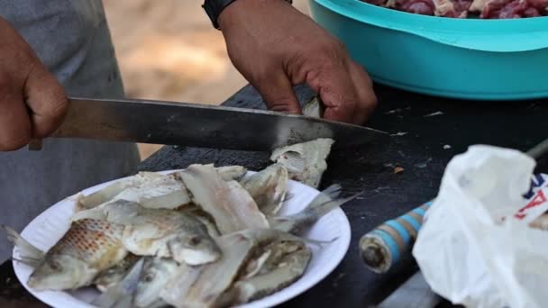 Sekání Příprava Syrových Ryb Nožem — Stock video