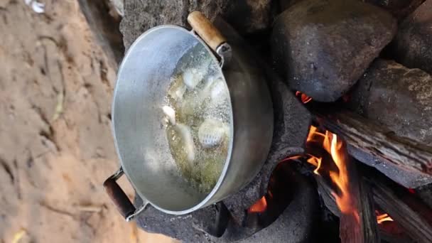 キャンプファイヤーの上に金属パンの油で揚げられている垂直ビデオ魚 — ストック動画