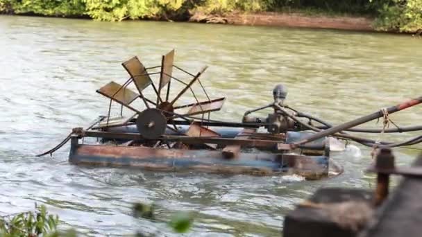 Closeup Water Pumping System Water Wheel Pump Floating River — Stock Video