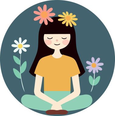 Çiçeklerle oturan kız zihinsel sağlık minimalist vektör çizimi