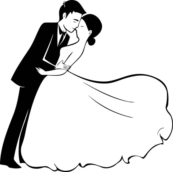 Couple Marié Mariée Noir Blanc Illustration Vectorielle Minimaliste — Image vectorielle