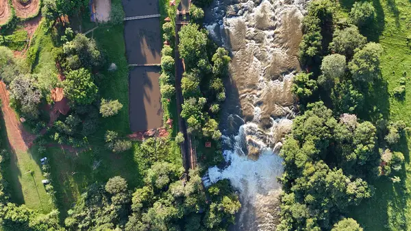 stock image Cassilandia, Mato Grosso do Sul, Brazil - 04 20 2024: aerial image of the Salto Do Rio Apore tourist spot in cassilandia