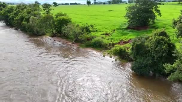 Flygfoto Vattenfallet Cachoeira Socorro Naturliga Turist Plats Cassilandia — Stockvideo