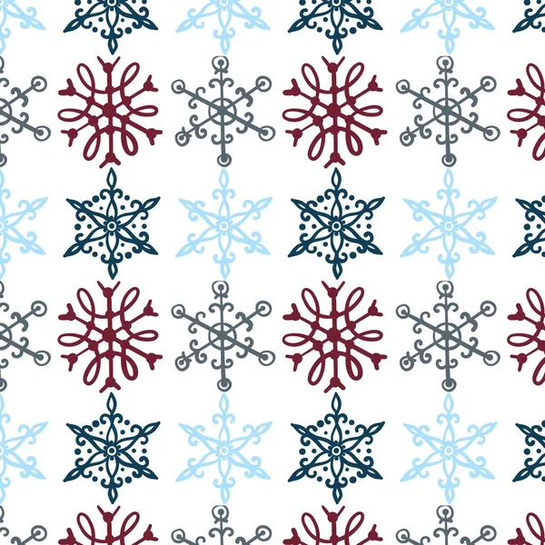 クリスマス パターンを印刷する クリスマスのシームレスなパターン 北欧の民俗装飾 雪のフレークと木 北欧の装飾品 赤と緑の背景を持つ白いピクセル画像 ラスターJpgファイル — ストックベクタ