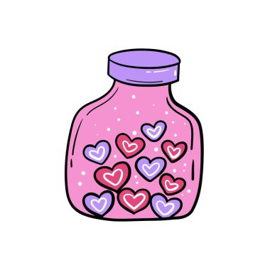 Kalpli pembe kavanoz. Dekorasyon için şık bir süs, düğün davetiyesi tasarımı, Sevgililer Günü aşk kartı.