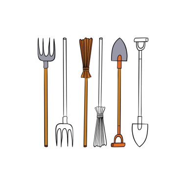 Tasarımınız için vektör illüstrasyonu. Renkli ve siyah çizgili. Bahçe takımı. Yaba, kürek, süpürge.
