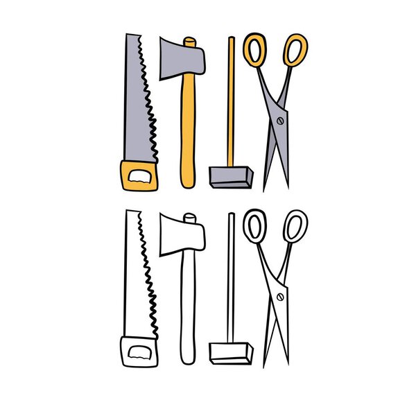 Векторная иллюстрация для вашего дизайна. Цветная и черная линия. Пила, топор, молоток, ножницы.