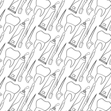 seamless pattern with dental pattern, toothbrush, implant, tooth bracket, paste, dentist tools outline icons- vector illustration