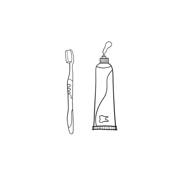 Vector Illustratie Tandartsgereedschap Zwarte Omtrek Een Witte Achtergrond Tandpasta Tandenborstel — Stockvector