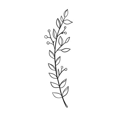 Şirin, siyah, ana hatlı, İskandinav tarzında yaprakları olan bir karalama yay çerçeve dalının dijital çizimi. Giysi, poster, pankart, kartpostal, web tasarımı, renk.