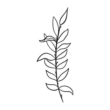 Şirin, siyah, ana hatlı, İskandinav tarzında yaprakları olan bir karalama yay çerçeve dalının dijital çizimi. Giysi, poster, pankart, kartpostal, web tasarımı, renk.