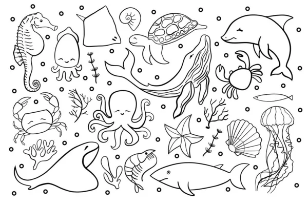 Σετ Ζωγραφισμένα Στο Χέρι Στοιχεία Θαλάσσιας Ζωής Vector Doodle Σύνολο — Διανυσματικό Αρχείο