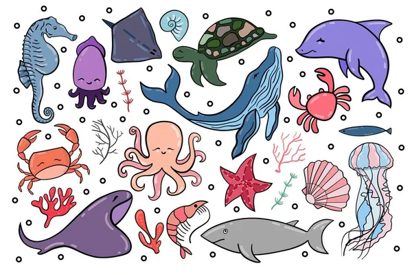 Set Hand Drawn Sea Life Elements Vector Doodle Cartoon Set — Stock Vector