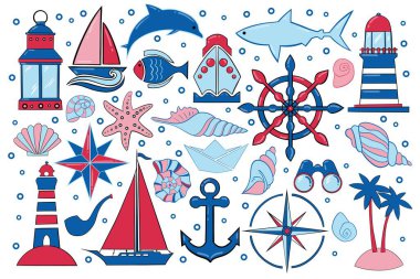 Deniz ince çizgi Icon set. Web işareti Kit'in deniz anahat. Deniz doğrusal simgeleri içeren çapa, düğüm, tekerlek, gül rüzgar. Beyaz izole basit deniz siyah kontur sembolü. Vektör çizim