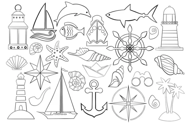 船用细线图标集 航海的网络标志套件概述 海线形图标包括锚 玫瑰风 简单的海洋黑色轮廓符号被隔离在白色 矢量插图 矢量图形