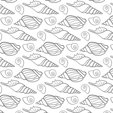Elle çizilmiş vektör resimleri - deniz kabuklarını seamless modeli. Deniz arka plan. Davetiye, tebrik kartları, posterler, baskılar, afiş, el ilanları vb. için mükemmel