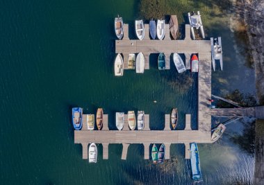 Boats on Lake Bohinj, Slovenia, drone photo