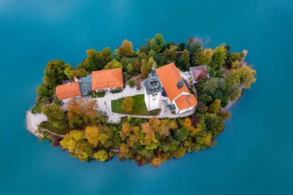 aerial view of the island, Church of the Assumption of Mary, Lake Bled, drone photo