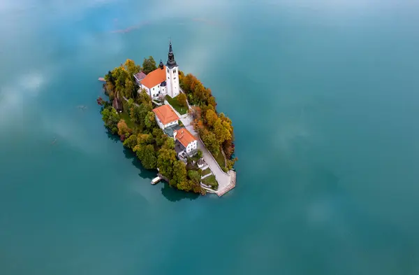 aerial view of the island, Church of the Assumption of Mary, Lake Bled, drone photo