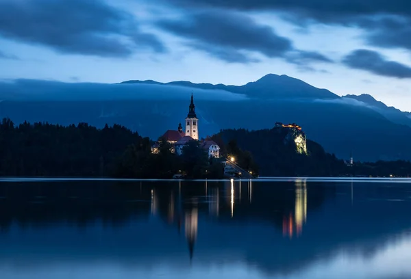 Church of the Assumption of Mary, Lake Bled, blue hour photo, dusk
