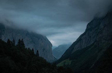 Misty, cloudy mountain landscape in Murren, Lauterbrunnen