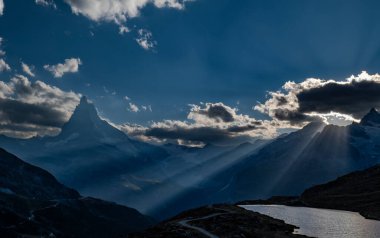 Matterhorn peak as seen from Lake Stellisee before sunset, Zermatt, Switzerland