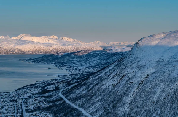 Panorama of the city of Tromso seen from the top of Fjellheisen, Northern Norway