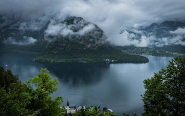 Landscape of Hallstatt lake, cloudy rainy day