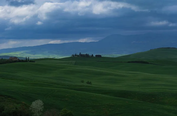 Tuscany Fields Springtime Cloudy Day Mood Val Orca Pienza Region — Stock Photo, Image