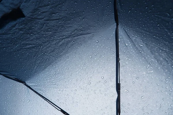 Blue umbrella rain photographed from below