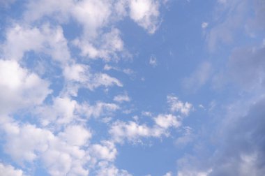 Açık mavi gökyüzü ve yaz günü kabarık bulutlar.