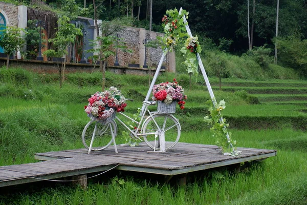 田舎道を背景に色とりどりの花々が咲き乱れる自転車のフォトスポット — ストック写真